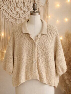 Halogen Beige Cotton Knit Cropped Collared Cardigan M Boho Oversized Neutral